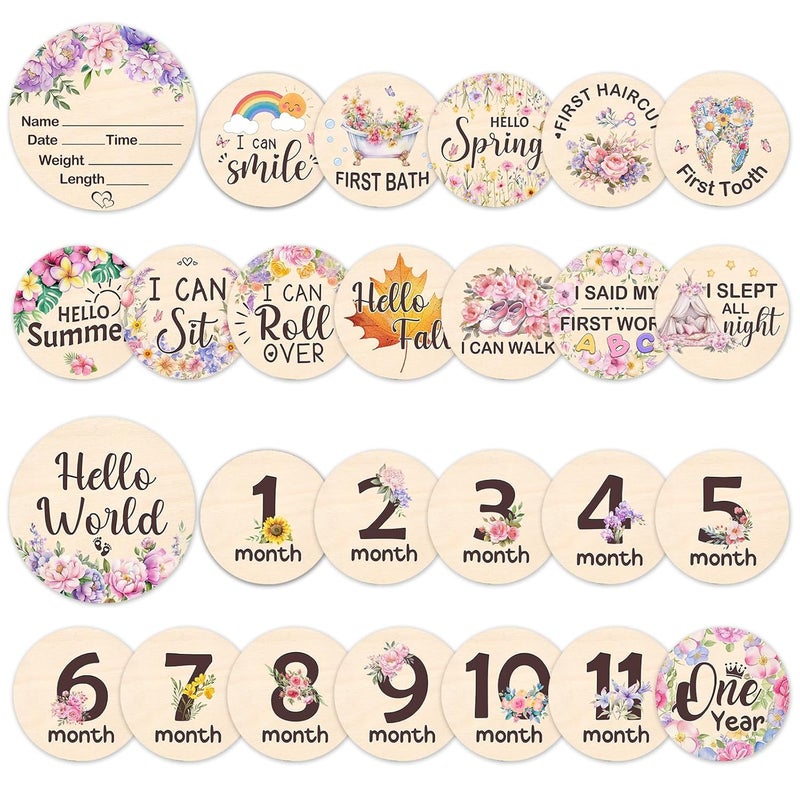 MCIAONE Baby Monthly Milestone Cards - 13pcs Wooden Double Sided Flower Monthly Milestone Signs, Birth Announcement Sign for Photo Props, 1-12 Months Newborn Milestones Cards, Baby Shower Party Gifts Marker - Image 1